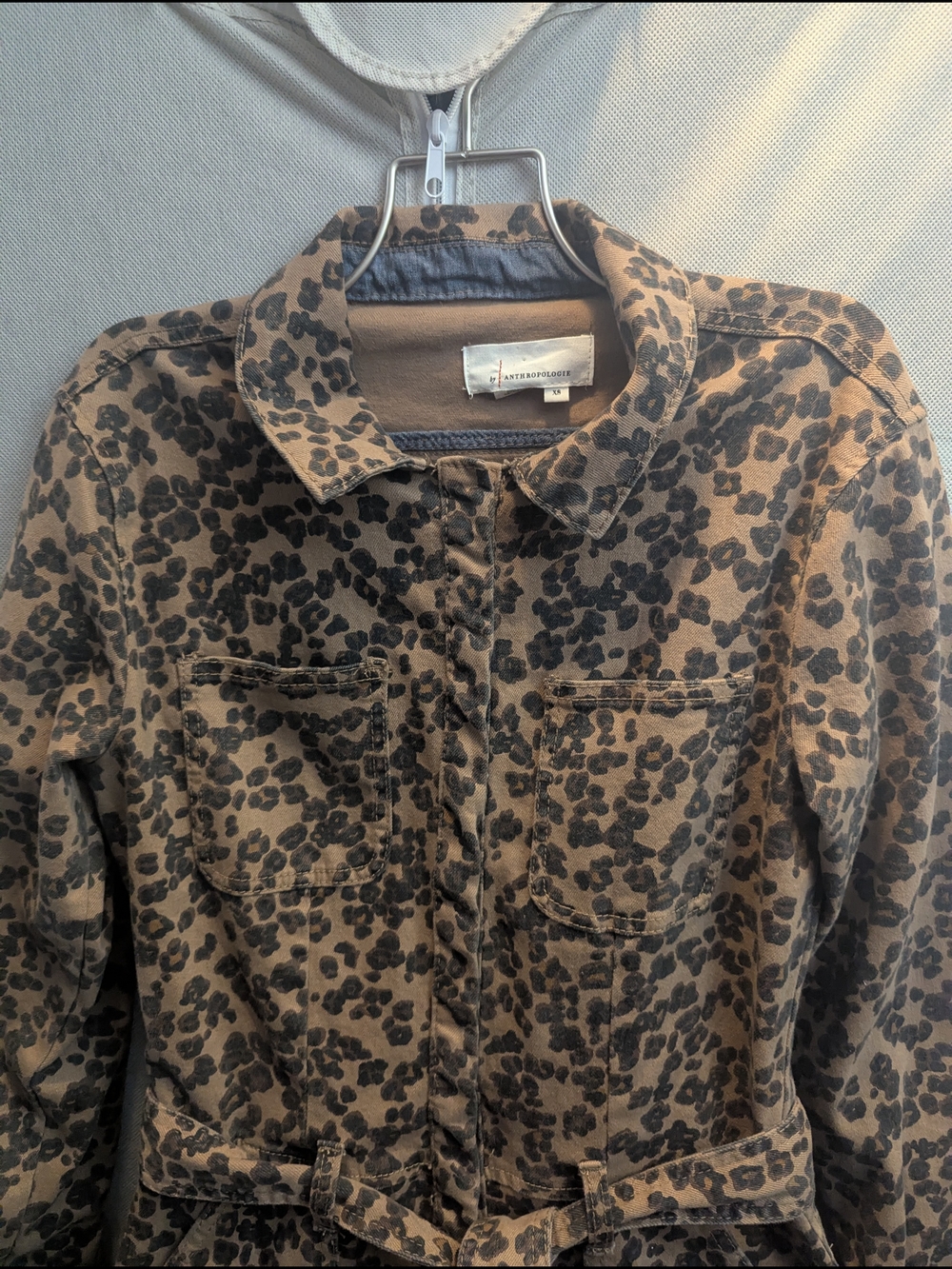 Anthropologie Leopard Printed Denim Utility Jumpsuit W/ Belt - Picture 2 of 8